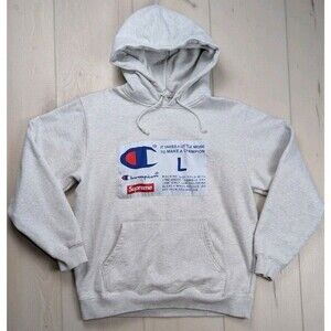 Supreme x Champion Label Hooded Hoodie Sweatshirt Mens L Light Gray Streetwear